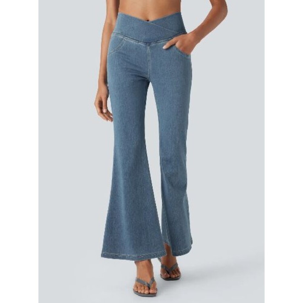 Halara Flex High Waisted Crossover Flare Leg Jeans Size Large Tall L Light Blue
